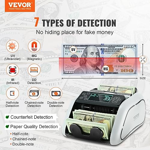 VEVOR Money Counter Machine, Bill Counter with UV/MG/IR/DD/DBL/HLF/CHN Counterfeit Detection, Counting/Value Count/Add/Batch Modes, USD/EUR Money Counting Machine with LCD Display for Small Business - size: 9.6*11*6.2"