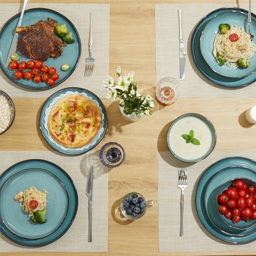 Pokini Stoneware Dinnerware Sets for 8, 32Pcs Ceramic Plates and Bowls Sets - color: Green Black, size: Set (32pcs)