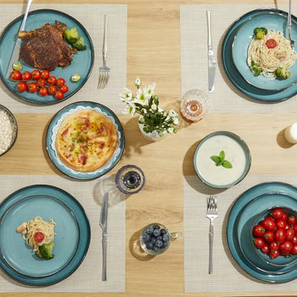 Pokini Stoneware Dinnerware Sets for 8, 32Pcs Ceramic Plates and Bowls Sets - color: Green Black, size: Set (32pcs)
