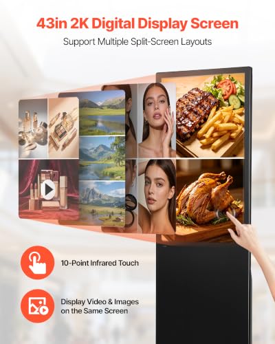 VEVOR 43 in Indoor Digital Signage Floor Standing Advertising Display Kiosk, WiFi HDMI/USB Input Android OS, 178° Wide View, LCD Touchscreen Interactive Monitor, Mobile Commercial Totem Poster - size: 43"-Touchscreen
