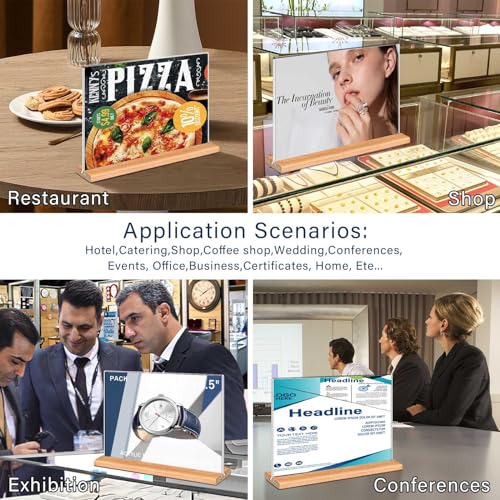 Kersally Acrylic Sign Holder 11 x 8.5'', 3 Pack Double-Sided Clear Table Display Stands with Wood Base,Horizontal Acrylic Frame Menu Flyer Paper Holder for Store, Restaurant, Hotel, Office, Show Fair
