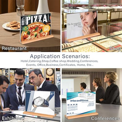 Kersally Acrylic Sign Holder 11 x 8.5'', 3 Pack Double-Sided Clear Table Display Stands with Wood Base,Horizontal Acrylic Frame Menu Flyer Paper Holder for Store, Restaurant, Hotel, Office, Show Fair