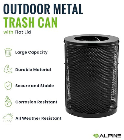 Alpine Outdoor Trash Can 36 Gallon Diamond Steel Commercial Metal Waste Bin with Leak Proof Liner, Heavy Duty Steel Mesh Design, Flat Wide Open Top Lid for Parks, Streets, and Public Spaces-Black - style: Open Top Lid