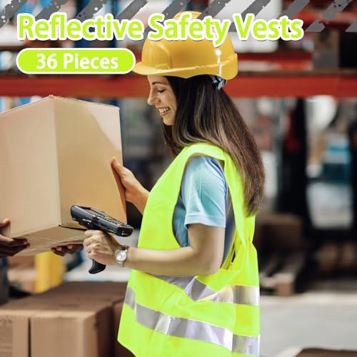 36 Pack High Visibility Safety Vests Mesh Security Vest with Reflective Silver Strips Construction Vest Bulk - color: Yellow
