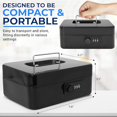 SereneLife 8" Metal Cash Box with Lock | Cash Safe Lock Box with Money Tray | 5 Lockable Drawers | Five Compartment Cash Tray | Storage for Valuables | 8” x 6.2” x 3.5” IN - color: Matte Black