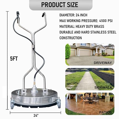 Hourleey 24" Pressure Washer Surface Cleaner with Dual Handles, Stainless Steel Surface Cleaner with 4 Wheels for Driveways, Pathway, Sidewalks, Patios, Decks, 4500 PSI with 3/8" Quick Connector Kit - size: 24 Inch