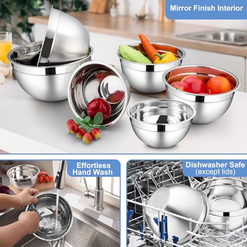 LIANYU Mixing Bowls with Lids Set of 6, Stainless Steel Nesting Metal Bowl - color: Black, style: Atlas Base with Airtight Lids