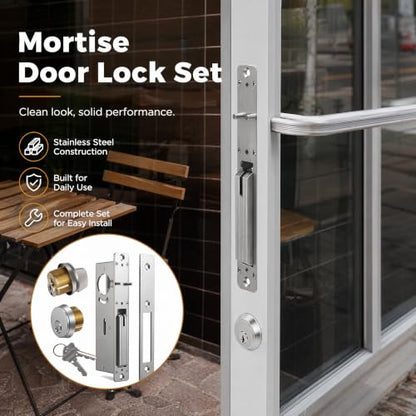 Commercial Mortise Lock 1-1/8" Backset, Brass Cylinder, Storefront (Silver)