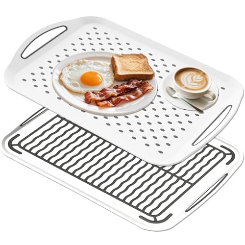 2PCS Large Non Slip Serving Tray with Handles Food Trays for Eating on Couch TV Lap Tray with Silicone Grippy Dots for Breakfast Dinner, Set of 2, White - color: 2-white