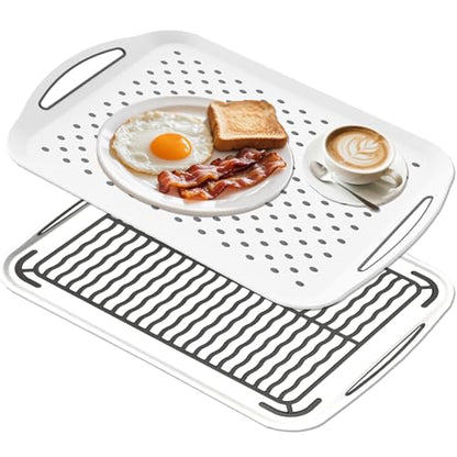 2PCS Large Non Slip Serving Tray with Handles Food Trays for Eating on Couch TV Lap Tray with Silicone Grippy Dots for Breakfast Dinner, Set of 2, White - color: 2-white