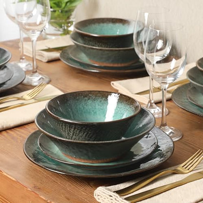 Gibson Elite Green Lantern Service for 4 (16 Piece) Double Bowl Dinnerware Set, Teal, Soft Gray, Dinnerware Set - color: Green (Green Lantern)