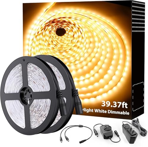 Onforu Warm White LED Strip Lighting, 39.37ft 3000K Dimmable Led Tape Light, 12m Bright 720 LEDs 2835 Flexible Ribbon Christmas Light, 12V Adhesive Rope Lights for Kitchen, Under Cabinet, Bedroom - color: Warm White, size: 39.37FT