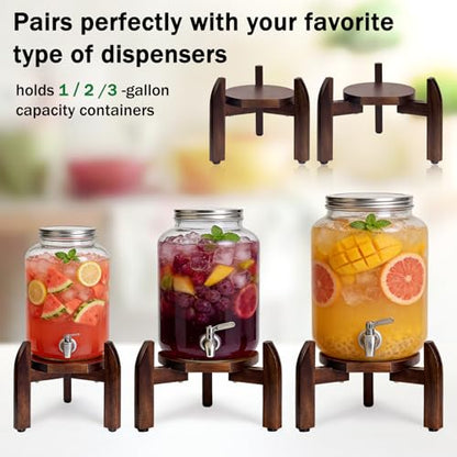 Drink Dispenser Stand Adjustable Width for 5-Gal Jugs & Beverage Jars with Round Flat Tray - Sturdy Walnut Holder for Water Coolers, Plant Pots (Walnut wood color)