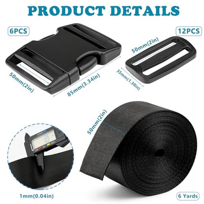 Buckle Straps Set 2'' - 6 Yards Nylon Webbing 2 inch, 6 PCS Dual Side Release Buckles, 12 PCS Tri-Glide Sliders, Heavy Duty Dual Adjustable No Sewing Kit - size: 2 inch