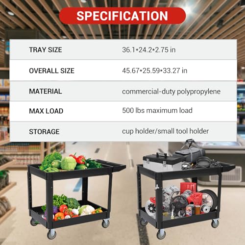 Utility Service Cart with Wheels and Two Trays, Service Cart 2-Shelf 500lbs, Rolling Utility Cart for Warehouse/Garage/Cleaning/Manufacturing, 2 Tier Heavy Duty Uline Tool Cart, 45"X25", Black - color: Black
