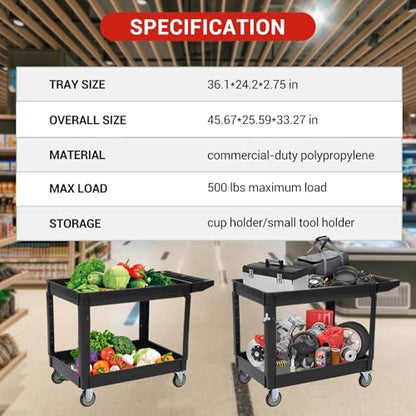 Utility Service Cart with Wheels and Two Trays, Service Cart 2-Shelf 500lbs, Rolling Utility Cart for Warehouse/Garage/Cleaning/Manufacturing, 2 Tier Heavy Duty Uline Tool Cart, 45"X25", Black - color: Black
