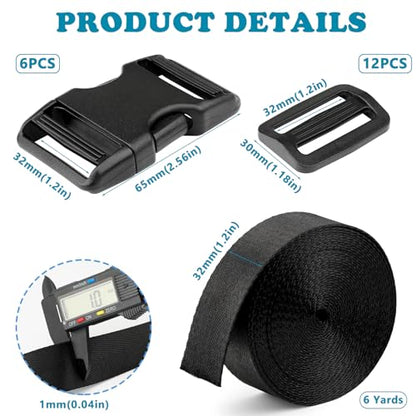 Buckle Straps Set 1-1/4'' - 6 Yards Nylon Webbing 1.25 inch, 6 PCS Dual Side Release Buckles, 12 PCS Tri-Glide Sliders, Heavy Duty Dual Adjustable No Sewing Kit - size: 1-1/4 inch