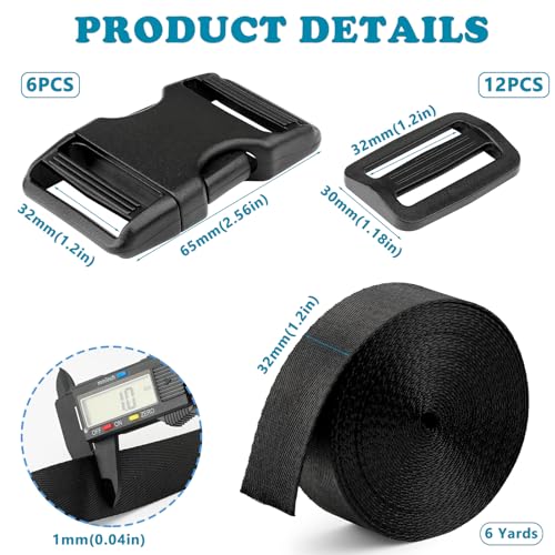Buckle Straps Set 1-1/4'' - 6 Yards Nylon Webbing 1.25 inch, 6 PCS Dual Side Release Buckles, 12 PCS Tri-Glide Sliders, Heavy Duty Dual Adjustable No Sewing Kit - size: 1-1/4 inch