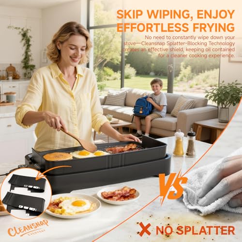 Cleansnap Everyday Electric Griddle, 20” Nonstick Grill with Foldable Anti-Mess Shield, 1700W Fast Heating, ILAG Ultimate Coating, Dishwasher-Safe Removable Plate, Midnight Black - color: Midnight Black