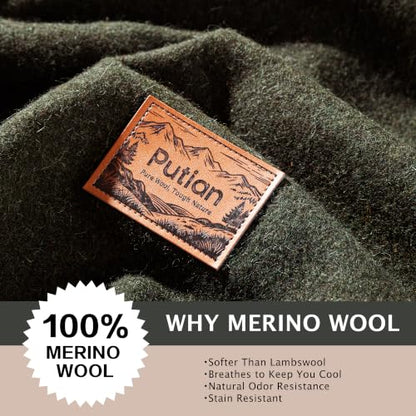 PuTian 100% Wool Blanket - Camping Outdoor Blanket, 63"×87", Green - color: Green, size: 63" × 87"