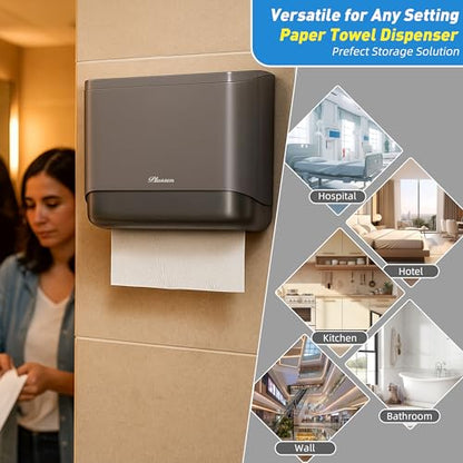 Paper Towel Dispenser Wall Mount for Home Bathroom Kitchen, ABS Waterproof Folded Hand Towel Holder with Window, No-Drill or Screw Install, 200 C-Fold Multi-Fold Capacity - color: Gray