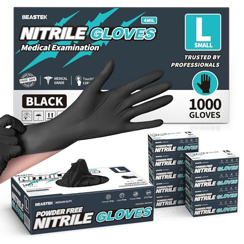 BEASTEK Black Nitrile Disposable Gloves, 4.0 Soft+™ Powder-Free 100 &1000CT - color: 1000 Black (Large)