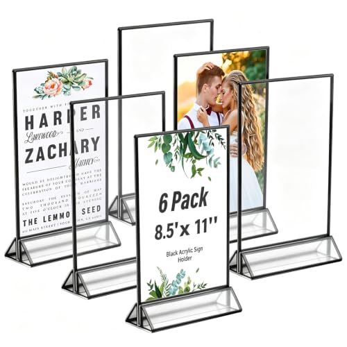Acrylic Sign Holder 8.5x11 Inch with Black Borders, 6 Pack Black Picture Frames for Wedding, Double Sided Table Number Holders Menu Holders, Acrylic Stands for Display, Restaurant Signs