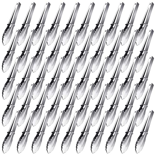 Meanplan 50 Pcs Small Stainless Steel Kitchen Tongs 7 Inch Food Serving Tongs Metal Cooking Clips High Heat Resistant Clips with Sliding Rings for Buffet Food Cooking Salad Grilling, Silver