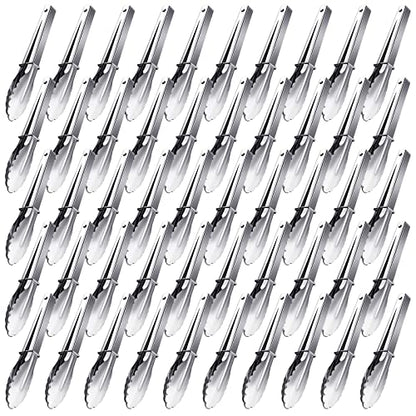 Meanplan 50 Pcs Small Stainless Steel Kitchen Tongs 7 Inch Food Serving Tongs Metal Cooking Clips High Heat Resistant Clips with Sliding Rings for Buffet Food Cooking Salad Grilling, Silver