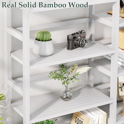 Homykic 6-Tier Bamboo Bookshelf, 61” Triple Wide Bookshelves and Bookcases - color: White, size: Triple Wide