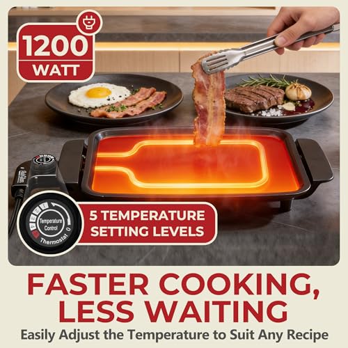 AshGlen Small Electric Griddle Nonstick, Griddle Pan Electric, Parrilla Eléctrica Para Cocinar, 12-Inch Ceramic Coating Pancake Griddle Electric, Indoor Griddle Grill Electric, PFOA Free, Graphite