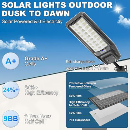 9500W Solar Street Light Outdoor Waterproof, 250000LM Large Commercial Light Solar Powered Dusk to Dawn LED Security Flood Lights with Remote/Motion Sensor, IP67 for Parking Lot/Garden/Yard - size: XXL--2Pack