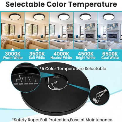 libtit 7 inch Flush Mount LED Ceiling Light Fixture, 3000K-6500K Adjustable, 15W 1500lm Black Satin Round Ceiling Lamp for Bathroom Hallway Kitchen Bedroom, 2 Pack - color: Black, size: 7in-2Pack