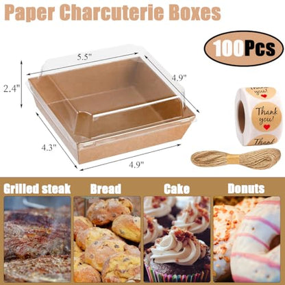 100 Pack Charcuterie Boxes with Clear Lids - Eco-Friendly, Portable, and Leak-Proof Food Containers for Various Delights - 50 Brown & 50 White (Brown&White（Rectangle）)
