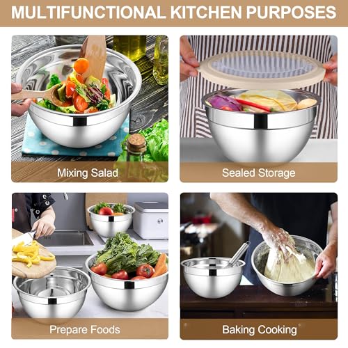 LIANYU 6 PCS Stainless Steel Mixing Bowls with Visible Lids for Cooking - color: Khaki, style: Atlas Base with Visible Lids