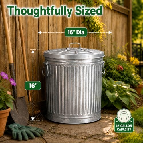 Gardenised Round Galvanized Steel, 12 Gallon Trash Can with Lid - Durable Metal Bucket for Backyard, Lawn, Garden and Yard Use - Weather-Resistant Garbage Can for Indoor and Outdoor, 16-inch - size: 12 Gallons