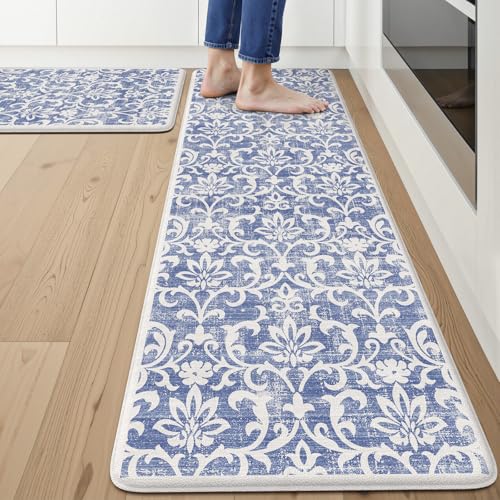 LEEVAN Anti Fatigue Kitchen Mats for Floor, Cushioned Kitchen Mat Set 2PCS - color: Blue, size: 17.3"x29"+17.3"x59"-0.47inch