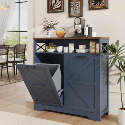 Double Tilt Out Trash Can Cabinet for 13 * 2 Gallon Trash Can, Farmhouse Kitchen Island Cabinet with Adjustable Shelf for Hidden Laundry Basket, Dog Proof Garbage Can for Dining Living Room, Blue - color: Blue, size: 2 x13 Gallons