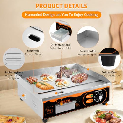 WICHEMI Electric Grill Commercial Griddle Flat Top Grill Teppanyaki Grill - color: Black+Orange