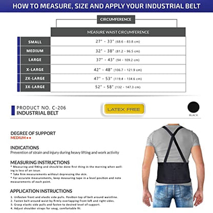 Champion Lightweight Industrial Belt Back Brace, Abdominal Support Shoulder Straps, Hook and Loop Fasteners, Large