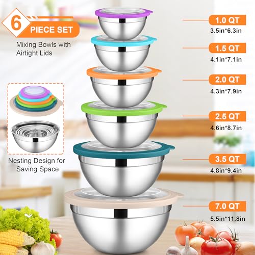 LIANYU Mixing Bowls with Visible Lid Sets of 6, Cooking Bowls for Kitchen - color: Colorful, style: Atlas Base with Visible Lids