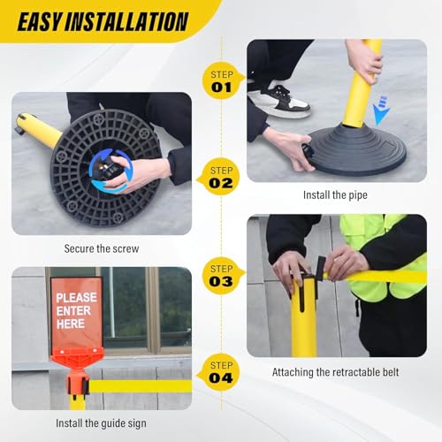 STARSIGNS 12 Pack Crowd Control Barriers - Weighted Base Stanchions with 10 Feet Retractable Belts Yellow Stanchion Posts Set for Retail, Banks, Public Spaces - color: Yellow- 12 Packs