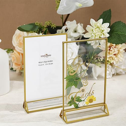 UNIQOOO Acrylic Sign Holders with Golden Border, Portrait View, Pack of 6 | 4x6 Inches Double Sided Clear Frame, Perfect for Wedding reception, Centerpiece, Decoration, Party,Anniversary, Event - size: 4x6",6Pack