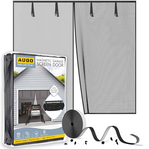 AUGO Garage Door Screen Magnetic Closure - Garage Screen Doors for 1 Car Garage Pull Down - Magnetic Screen Door Mesh - Heavy Duty Weighted Bottom- Pet & Kid Friendly - Keep Open Feature - 8' x 7' - size: 8 FT x 7 FT