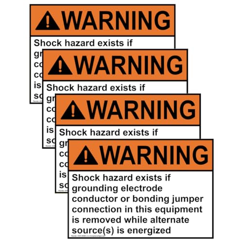 ComplianceSigns.com Warning Shock Hazard Exists If Grounding Electrode ANSI Label Decal, 5x3.5 inch 4-Pack Vinyl for Electrical