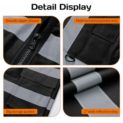 BeautyWill Custom LOGO Safety Vests Reflective Vest Class 2 ANSI with Pockets Zipper High Visibility Construction Uniform - color: A-black-1pack-logo, size: XX-Large