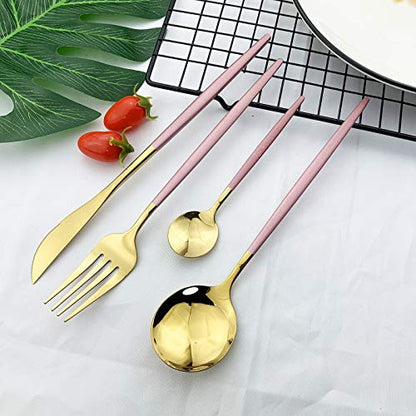 JASHII Flatware Serving Set 24 Piece, Stainless Steel Silverware Set, Pink Gold Cutlery Set, Modern Elegant Tableware Set for Party, Christmas, Dinner (Pink Gold) - color: Pink Gold