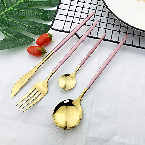 JASHII Flatware Serving Set 24 Piece, Stainless Steel Silverware Set, Pink Gold Cutlery Set, Modern Elegant Tableware Set for Party, Christmas, Dinner (Pink Gold) - color: Pink Gold