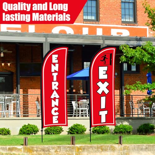 Buryeah Set of 2 Entrance Exit Feather Flag 7 ft Entrance Exit Swooper Flag with Pole Kit and Ground Spike for Business Advertising Banner Sign for Outside(Red) - color: Red