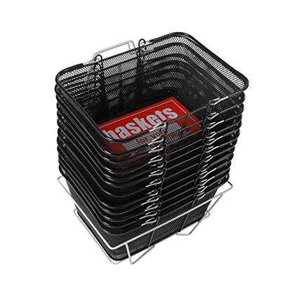 Retail Shopping Baskets, 12PCS Shopping Baskets with Handles and Stand, Metal Shopping Basket, Portable Wire Shopping Basket, Black Wire Mesh Shopping Basket Set for Stores Shopping, Grocery
